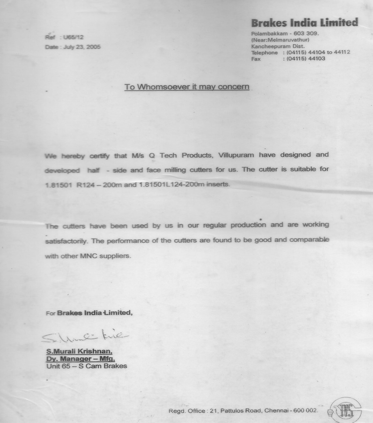 Brakes India Letter