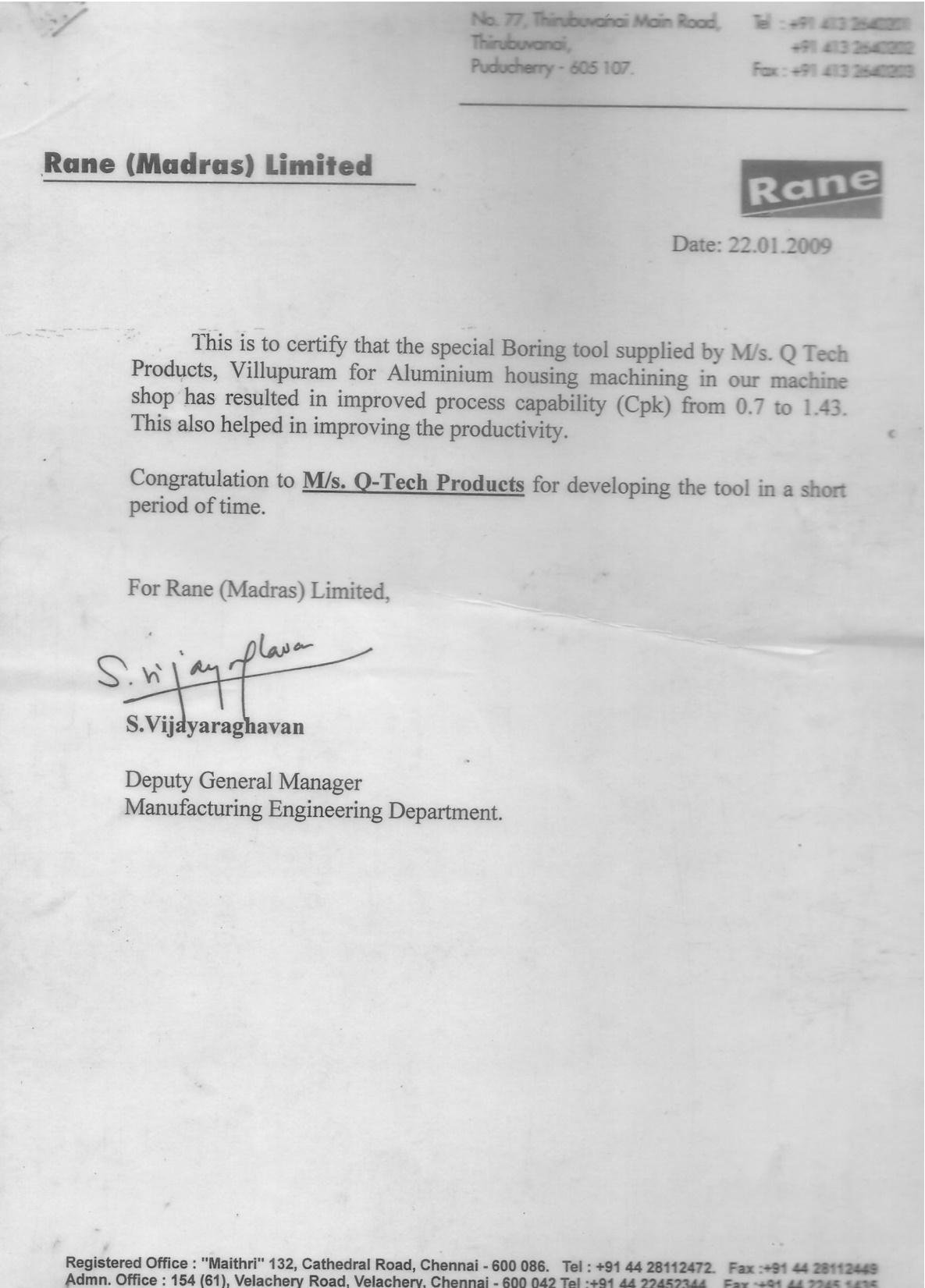 Rane Madras Deming Award Letter